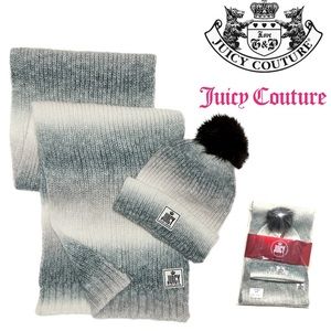 JUICY COUTURE Grey White Black Gradient Ombre Wool Beanie Hat & Scarf Set